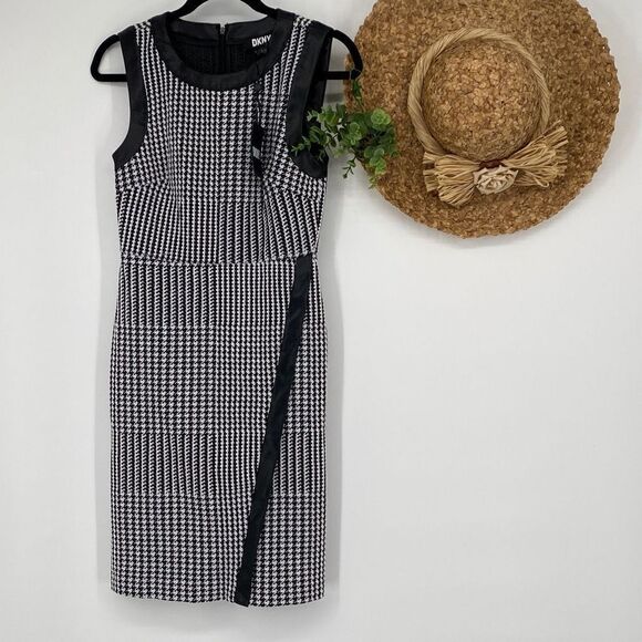 DKNY Faux Leather Wrap Houndstooth Sleeveless Dress‎ Sheath MIDI Black White 2 - Picture 1 of 14